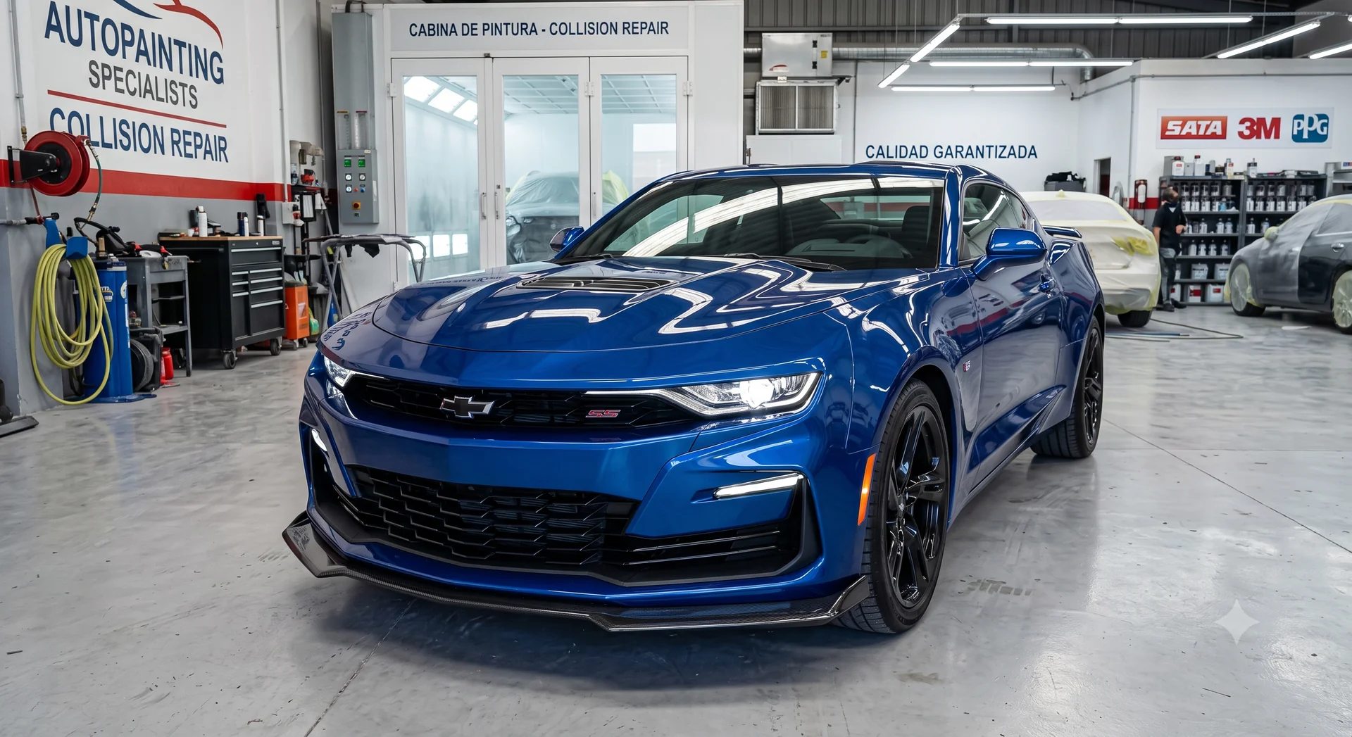 Blue Chevrolet Camaro with a fresh glossy paint job in the Stop N Go paint booth